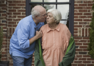 Glenn and Karen Ruffenach exit a restaurant after lunch with friends in Dunwoody, Ga.
